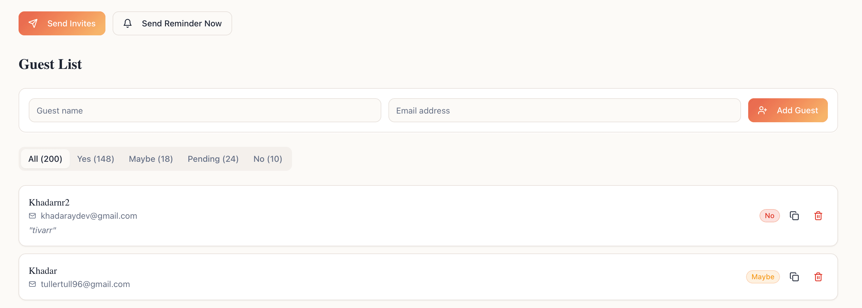 Guest list management in Remivite